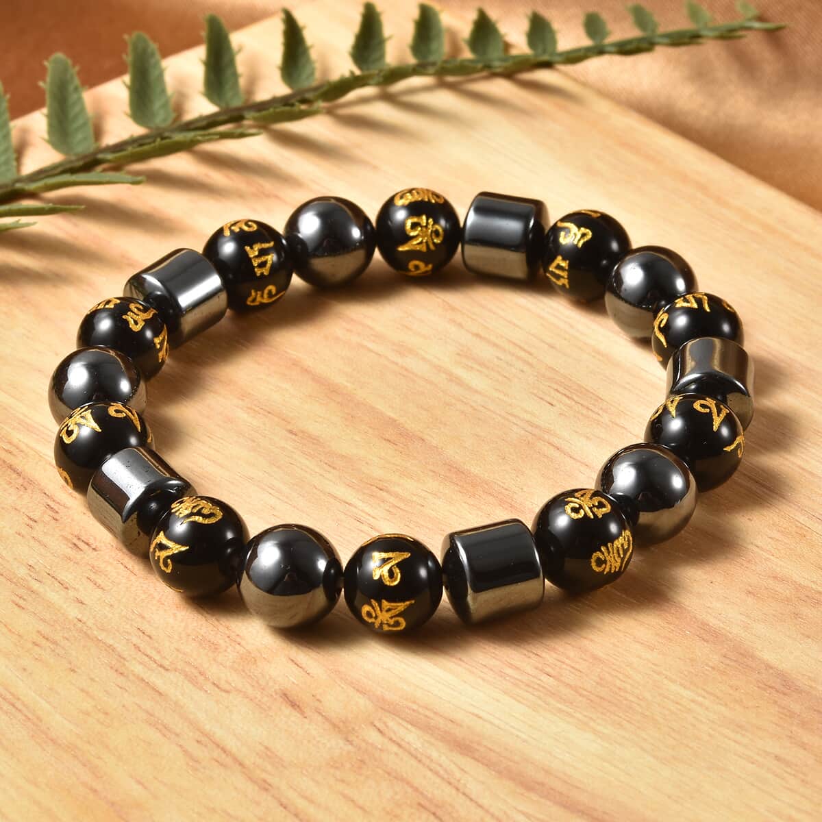 Hematite and Black Obsidian Beaded Feng Shui Stretch Bracelet 210.00 ctw image number 1