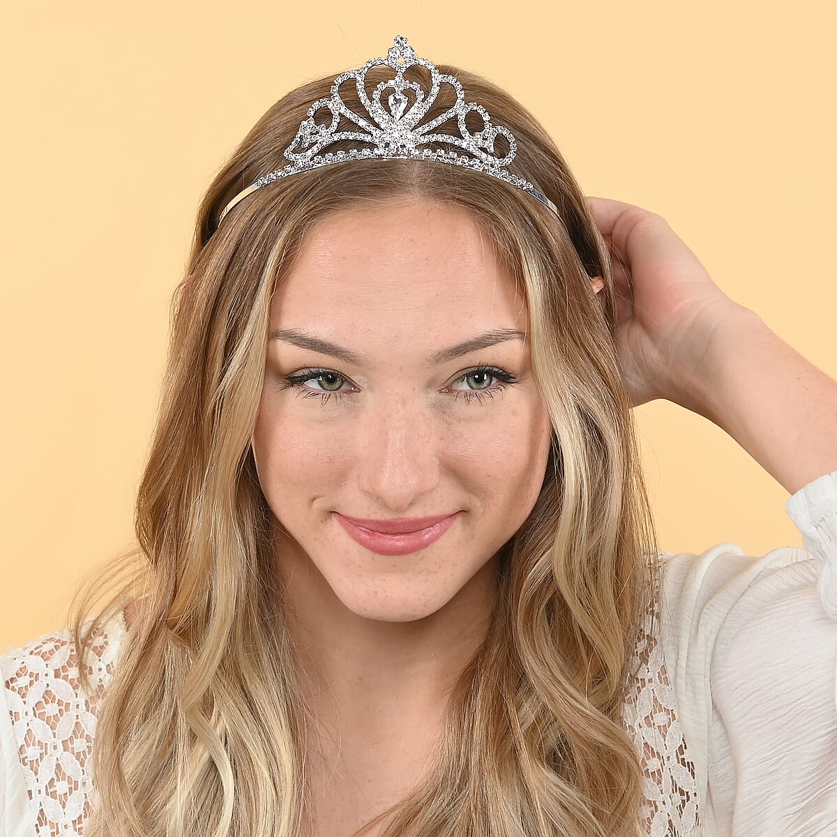 White Glass, White Austrian Crystal Crown Tiara in Silvertone image number 1