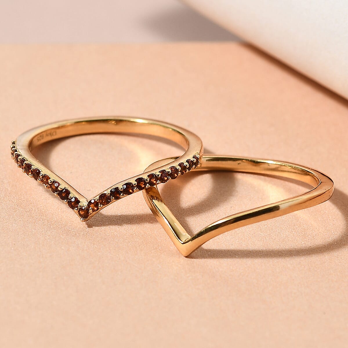 Mozambique Garnet Wishbone and Plain Chevron Stackable Band Rings, Set of 2, in Vermeil Yellow Gold Over Sterling Silver (Size 7.0) 0.25 ctw image number 1