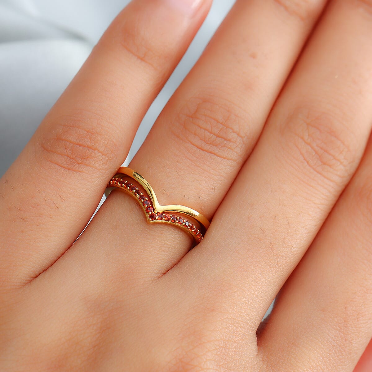 Mozambique Garnet Wishbone and Plain Chevron Stackable Band Rings, Set of 2, in Vermeil Yellow Gold Over Sterling Silver (Size 7.0) 0.25 ctw image number 2