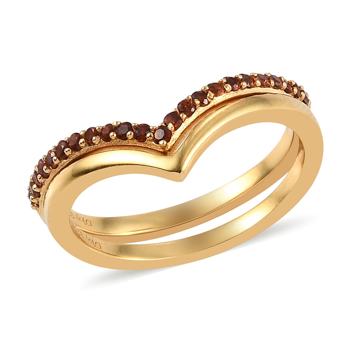 Mozambique Garnet Wishbone and Plain Chevron Stackable Band Rings, Set of 2, in Vermeil Yellow Gold Over Sterling Silver (Size 7.0) 0.25 ctw image number 3