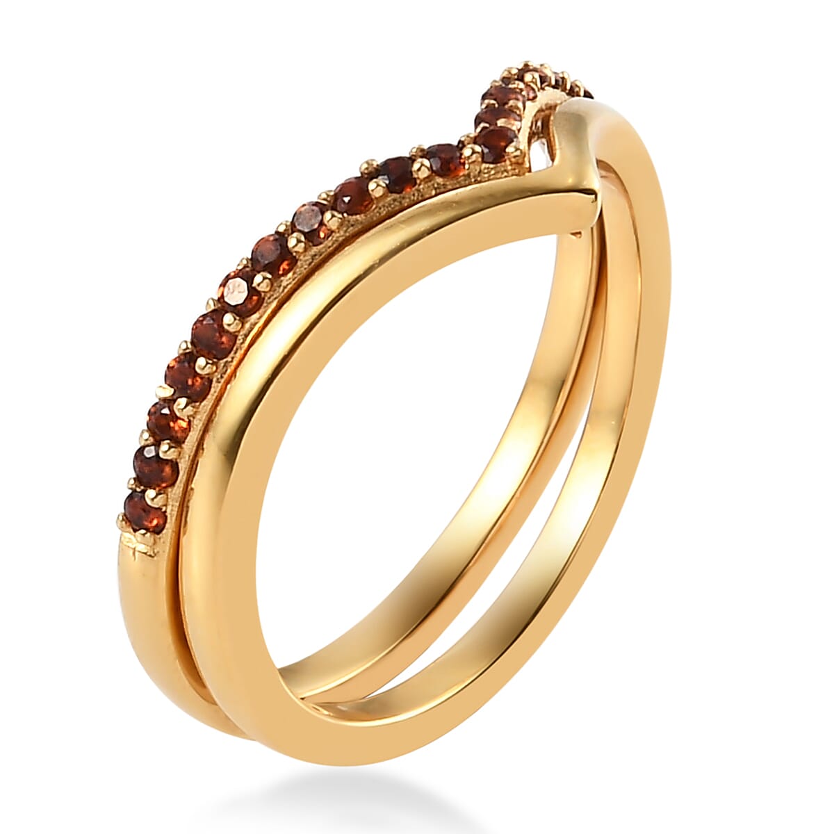 Mozambique Garnet Wishbone and Plain Chevron Stackable Band Rings, Set of 2, in Vermeil Yellow Gold Over Sterling Silver (Size 7.0) 0.25 ctw image number 4