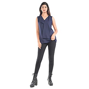 Tamsy Navy Hi-Stretch Drape Neck Top Size - M