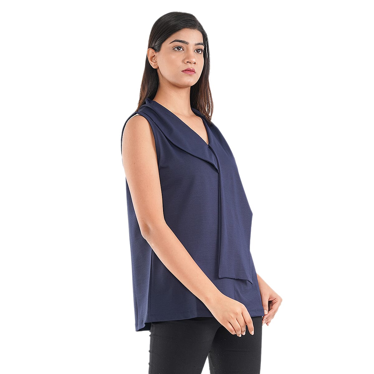 Tamsy Navy Hi-Stretch Drape Neck Top Size - M image number 2