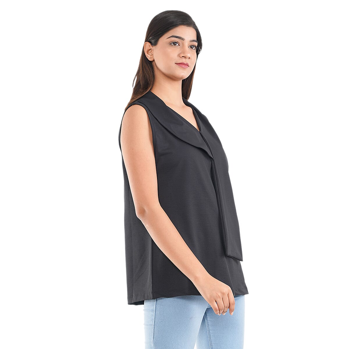 Tamsy Black Hi-Stretch Drape Neck Top Size - 1X image number 2