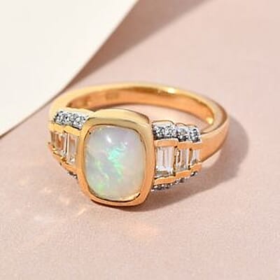 Ethiopian Welo Opal and Zircon 2.13 ctw Ring in Vermeil Yellow Gold Over Sterling Silver (Size 6.5)