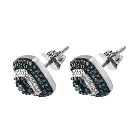 Blue Diamond and Diamond Earrings in Platinum Over Sterling Silver 1.00 ctw image number 3