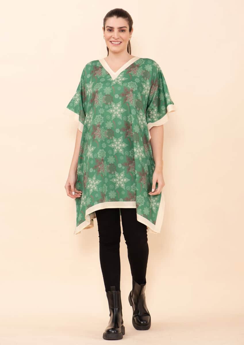 Tamsy Holiday Kaftan Collection- Green Snowflake (One Size Fits up to 2X) image number 0