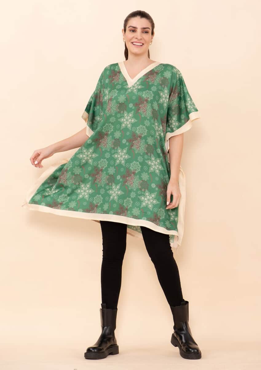 Tamsy Holiday Kaftan Collection- Green Snowflake (One Size Fits up to 2X) image number 2