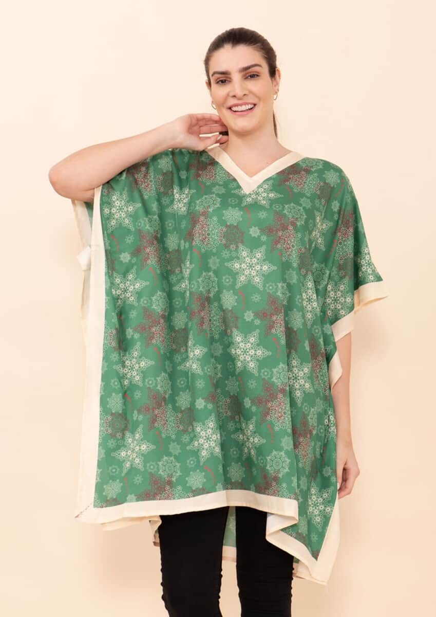 Tamsy Holiday Kaftan Collection- Green Snowflake (One Size Fits up to 2X) image number 3