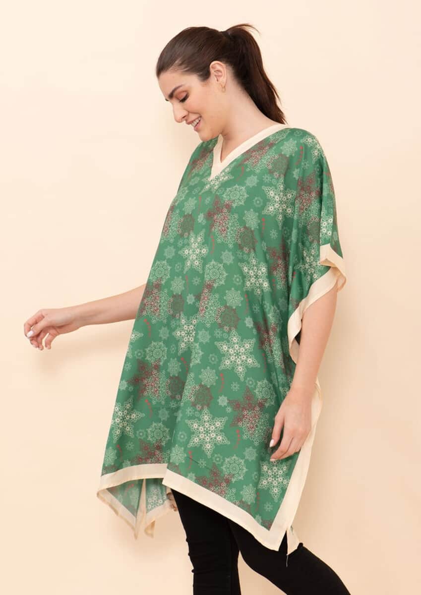 Tamsy Holiday Kaftan Collection- Green Snowflake (One Size Fits up to 2X) image number 4