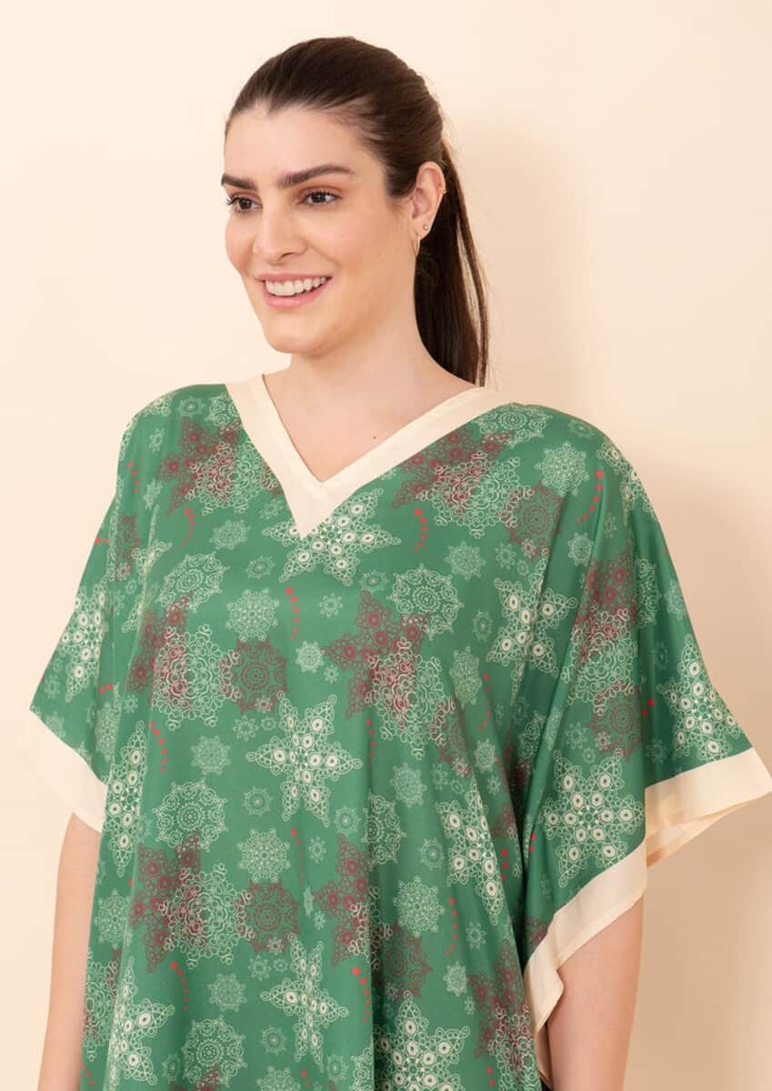 Tamsy Holiday Kaftan Collection- Green Snowflake (One Size Fits up to 2X) image number 5