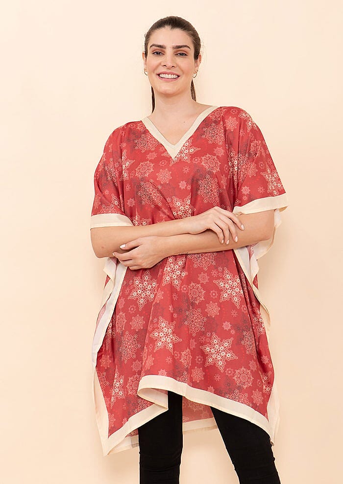 Tamsy Holiday Kaftan Collection- Red Snowflake (One Size Fits up to 2X)