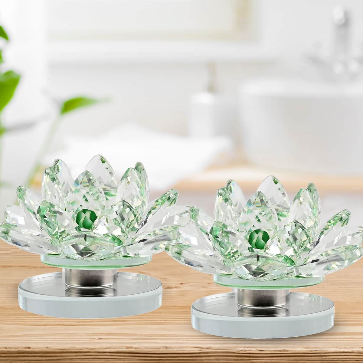 Set of 2 Green Crystal Lotus Flower with Rotary Base image number 1