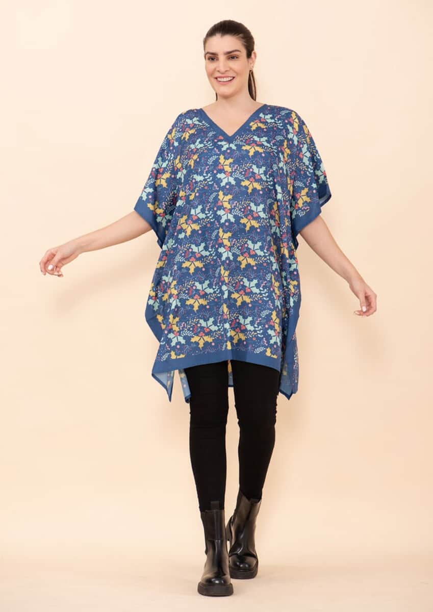 Tamsy Holiday Kaftan Collection- Blue Mistletoe (One Size Fits up to 2X) image number 0