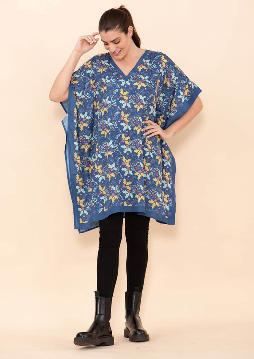 Tamsy Holiday Kaftan Collection- Blue Mistletoe (One Size Fits up to 2X) image number 2