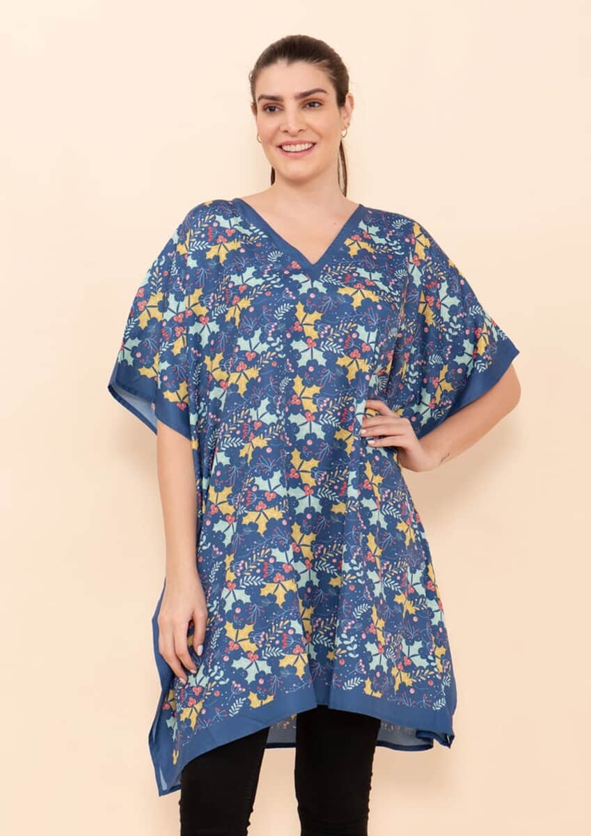 Tamsy Holiday Kaftan Collection- Blue Mistletoe (One Size Fits up to 2X) image number 3