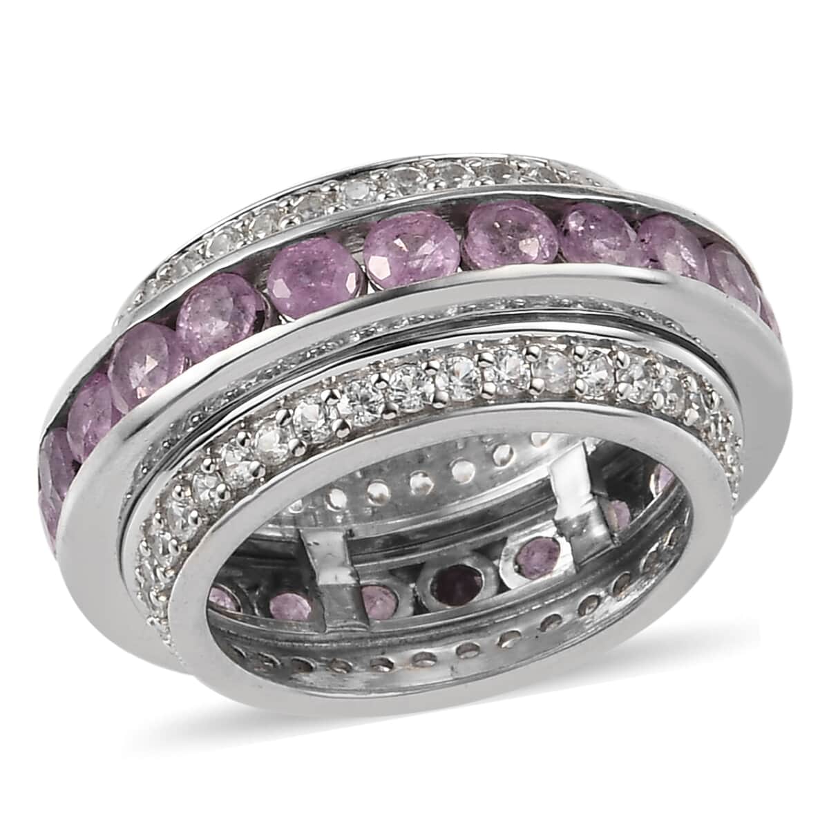Ilakaka Hot Pink Sapphire (FF) and Natural White Zircon Spinner Band Ring in Platinum Over Sterling Silver (Size 7.0) 7.75 Grams 5.50 ctw image number 0