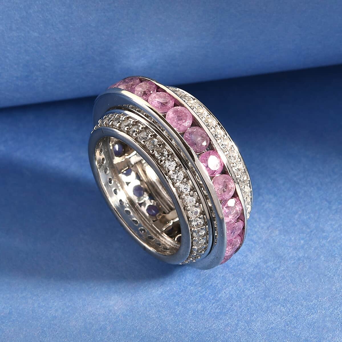 Ilakaka Hot Pink Sapphire (FF) and Natural White Zircon Spinner Band Ring in Platinum Over Sterling Silver (Size 7.0) 7.75 Grams 5.50 ctw image number 1