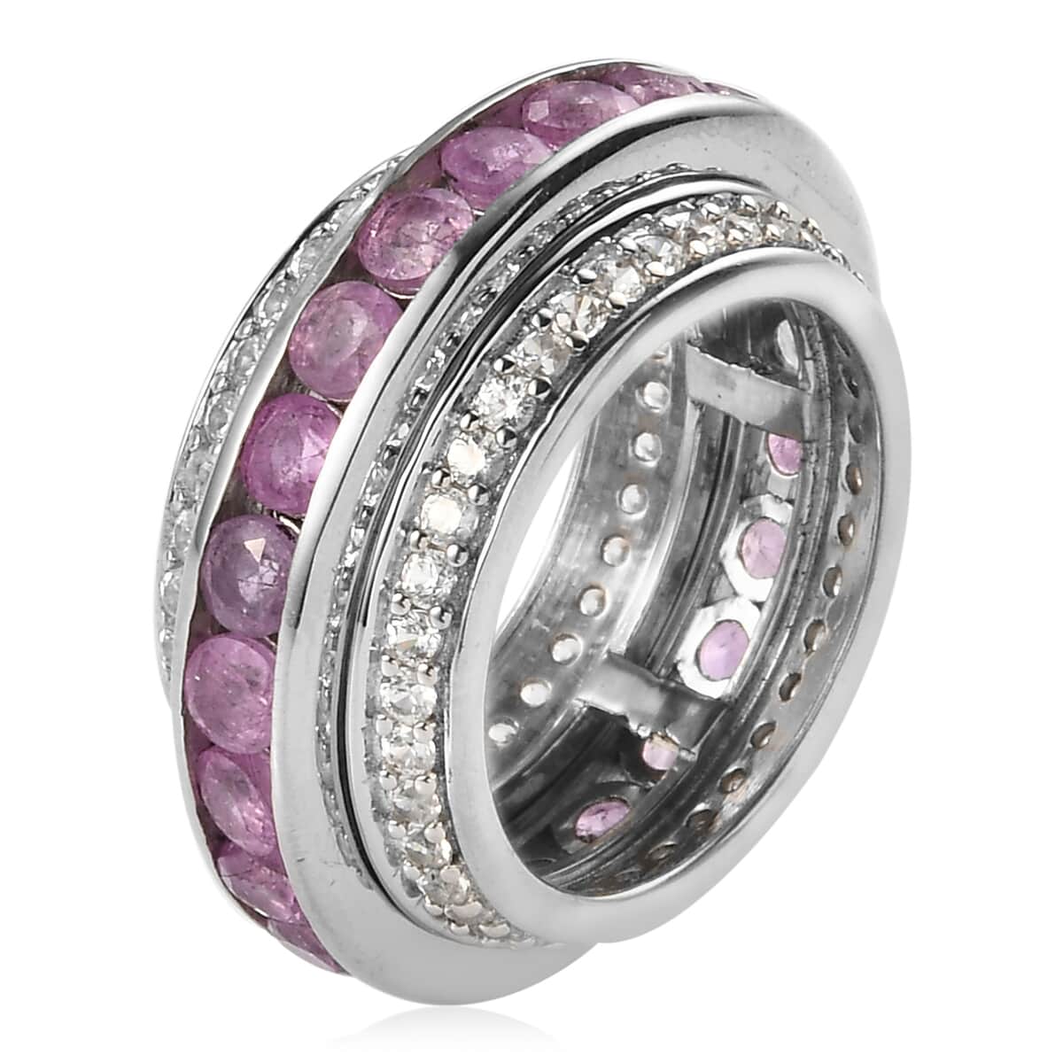 Ilakaka Hot Pink Sapphire (FF) and Natural White Zircon Spinner Band Ring in Platinum Over Sterling Silver (Size 7.0) 7.75 Grams 5.50 ctw image number 3