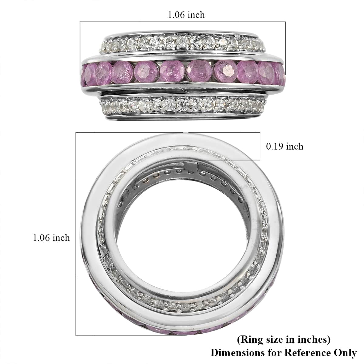 Ilakaka Hot Pink Sapphire (FF) and Natural White Zircon Spinner Band Ring in Platinum Over Sterling Silver (Size 7.0) 7.75 Grams 5.50 ctw image number 5