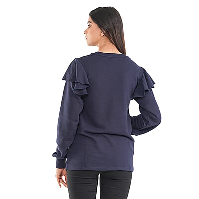 Tamsy Blue French Terry Ruffle Sleeve Sweater - Size - L