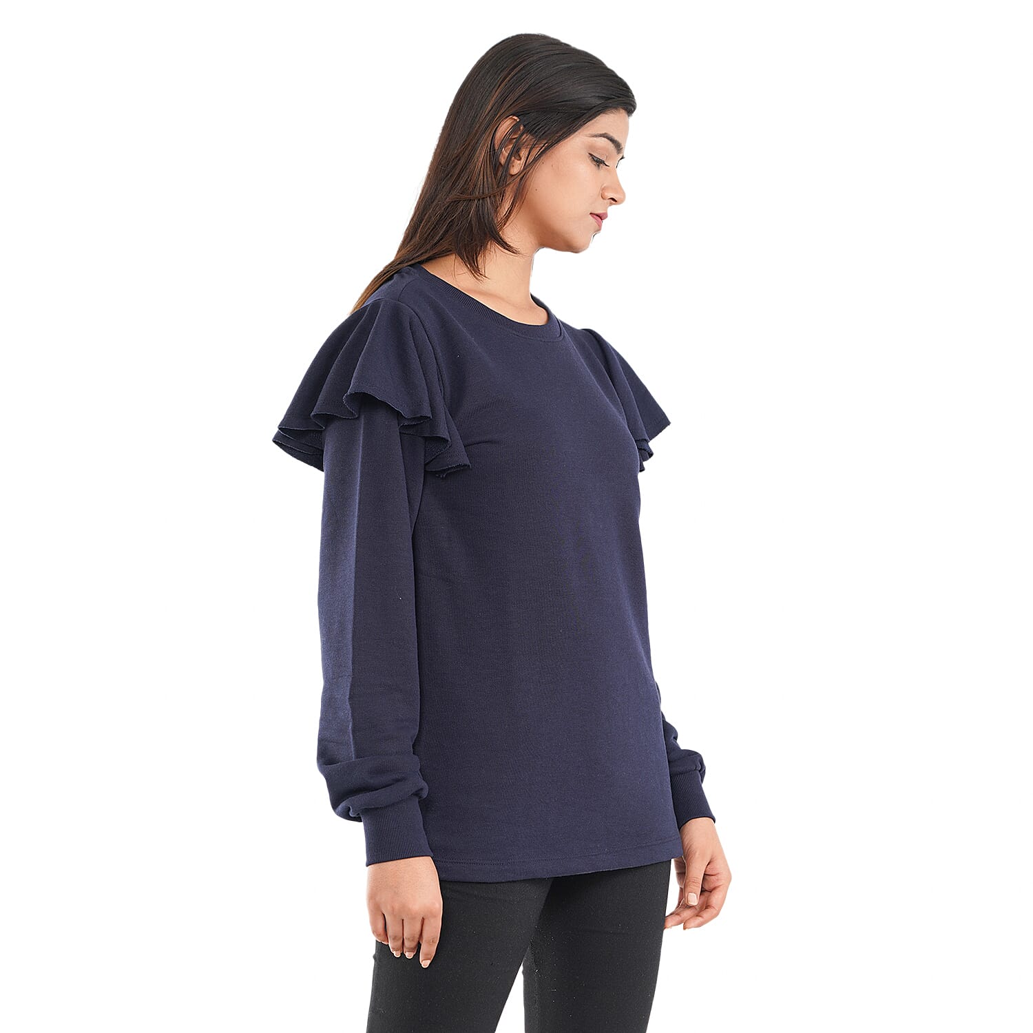 Tamsy Blue French Terry Ruffle Sleeve Sweater - Size - L