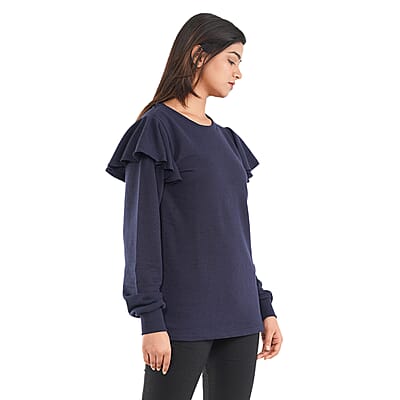 Tamsy Blue French Terry Ruffle Sleeve Sweater - Size - L