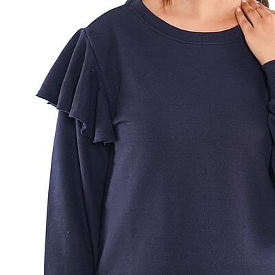 Tamsy Blue French Terry Ruffle Sleeve Sweater - Size - L