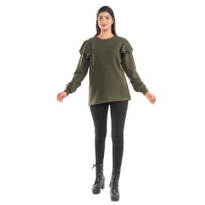 Tamsy Olive French Terry Ruffle Sleeve Sweater - Size - L