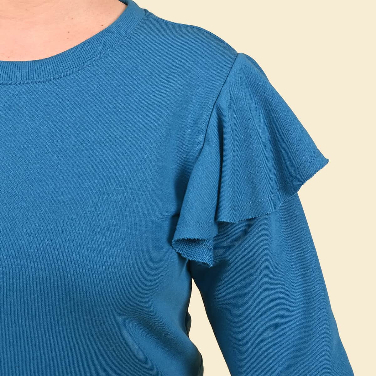 Tamsy Teal French Terry Ruffle Sleeve Sweater - Size - M image number 3