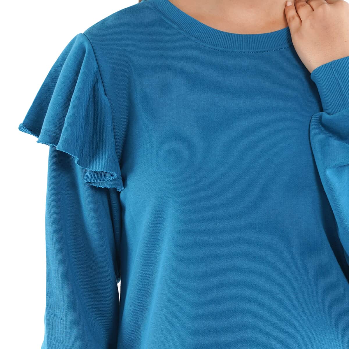 Tamsy Teal French Terry Ruffle Sleeve Sweater - Size - M image number 4