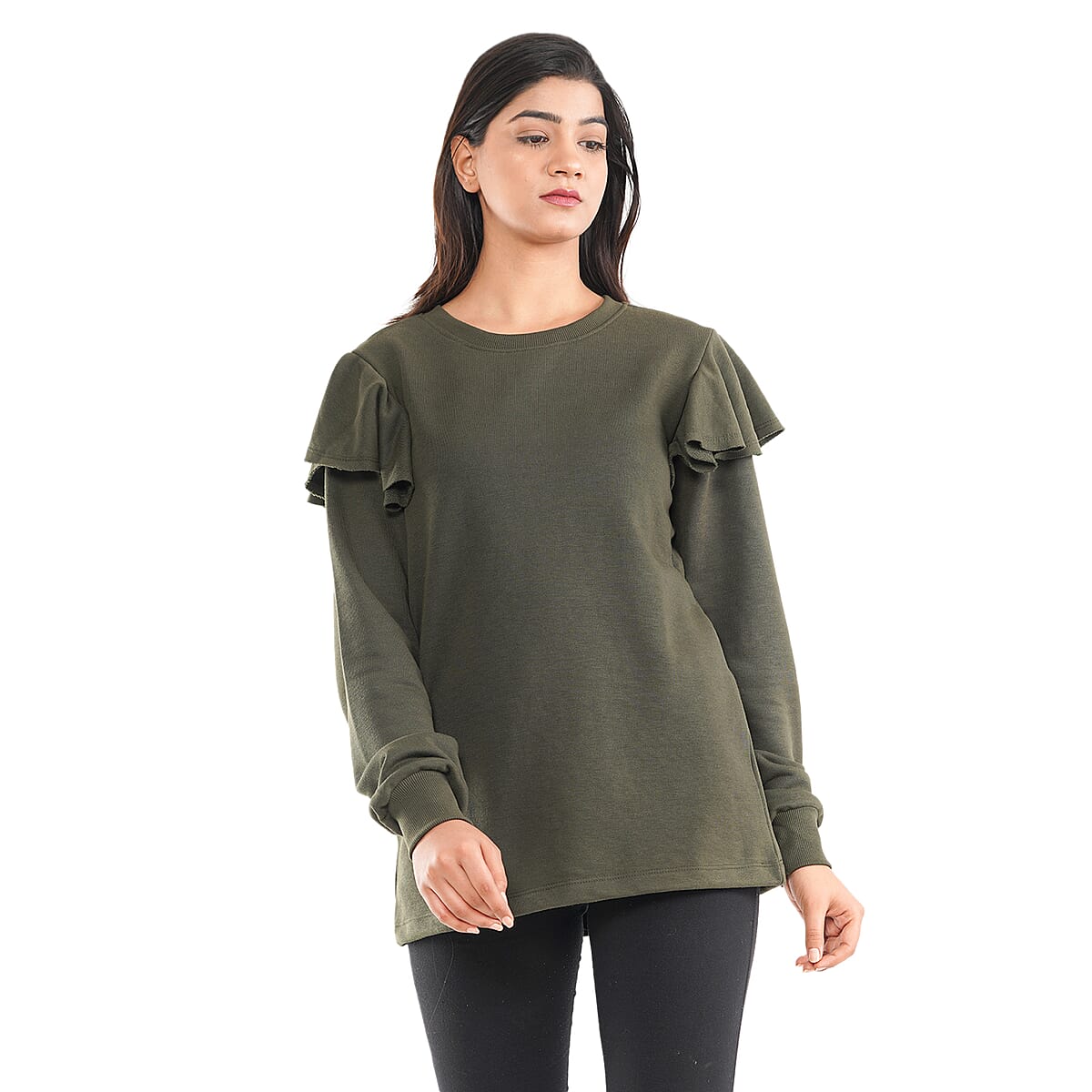 Tamsy Olive French Terry Ruffle Sleeve Sweater - Size - XL image number 1