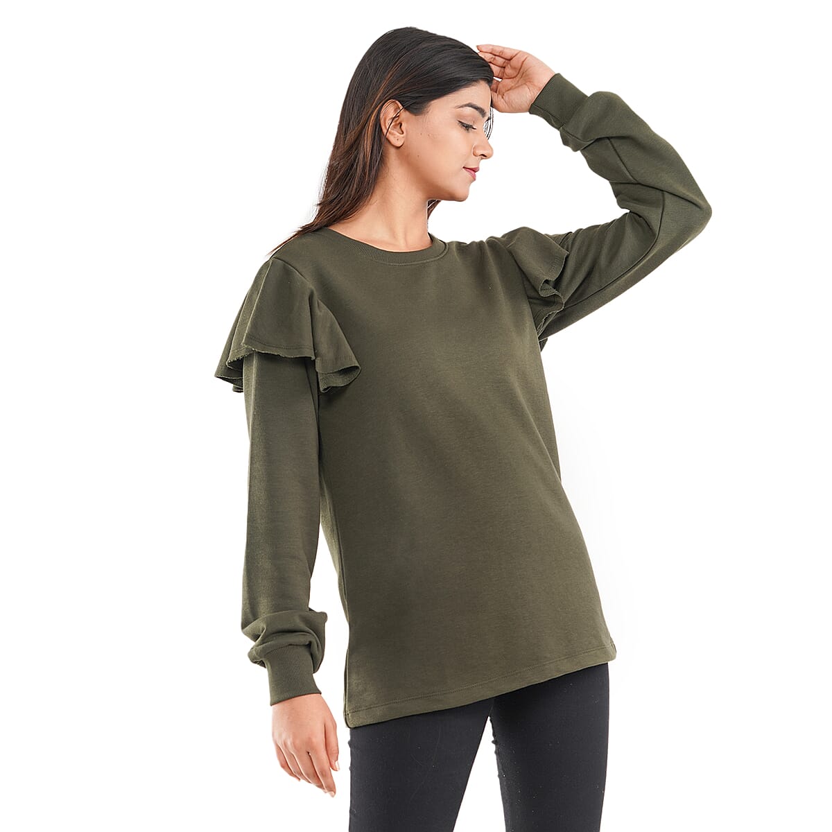 Tamsy Olive French Terry Ruffle Sleeve Sweater - Size - XL image number 2