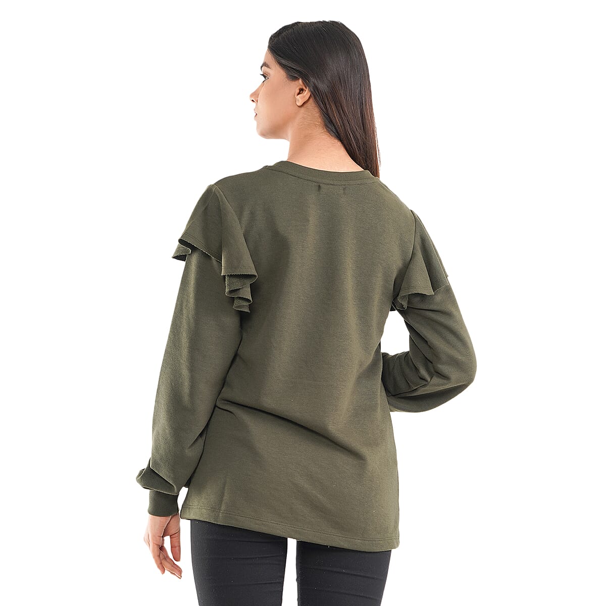 Tamsy Olive French Terry Ruffle Sleeve Sweater - Size - XL image number 3