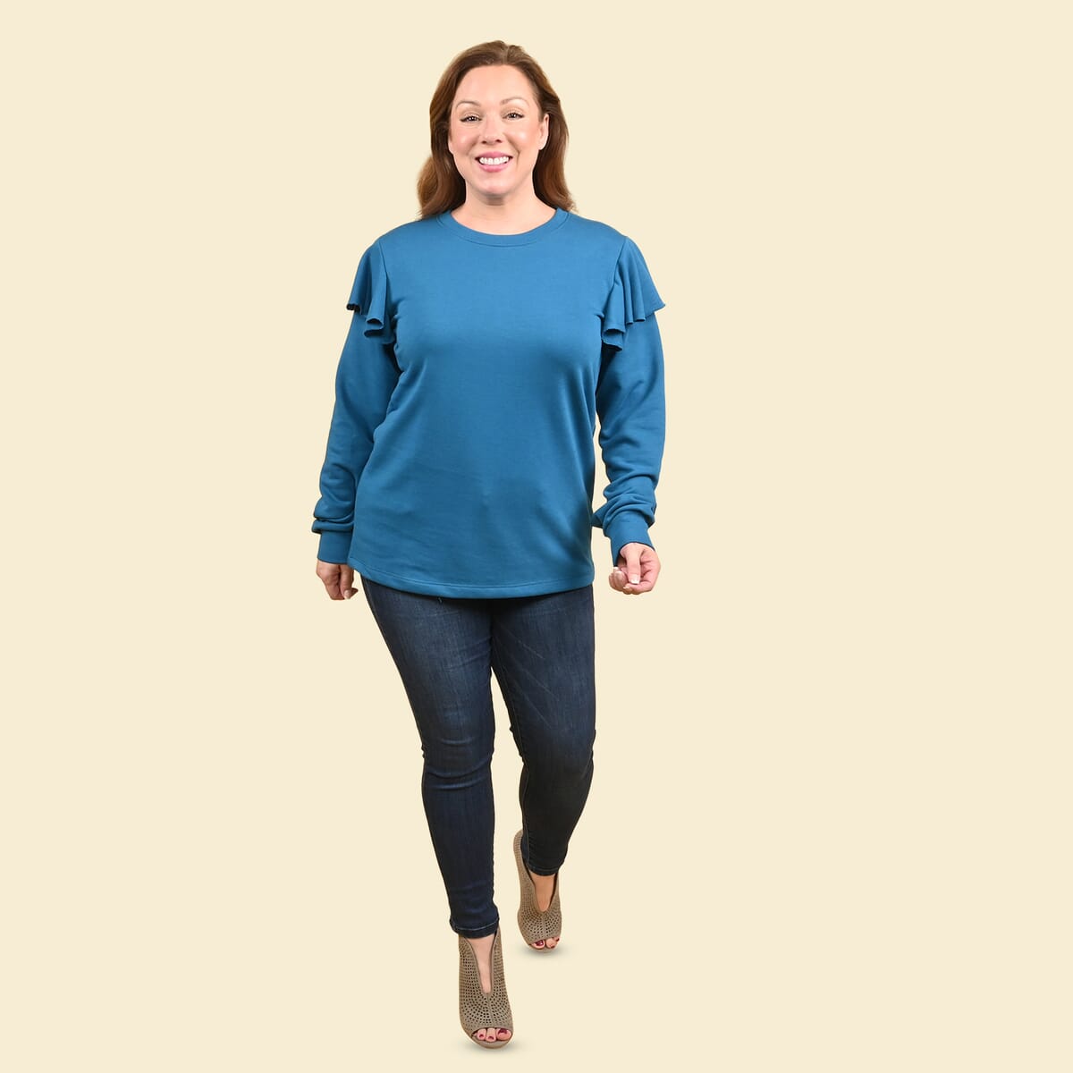 Tamsy Teal French Terry Ruffle Sleeve Sweater - Size - XL image number 0