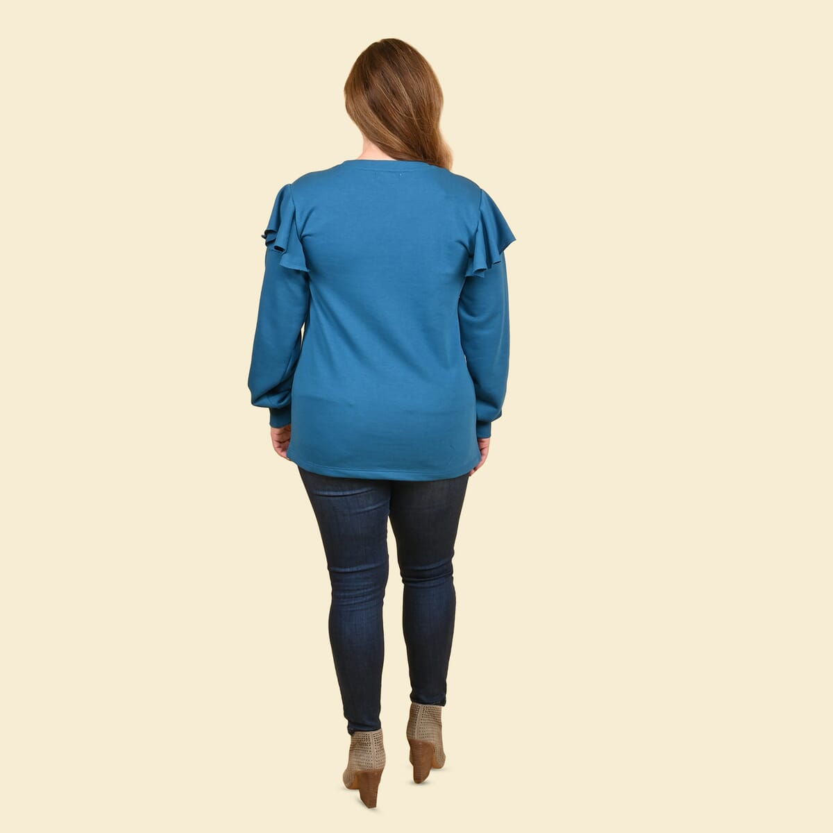 Tamsy Teal French Terry Ruffle Sleeve Sweater - Size - XL image number 1