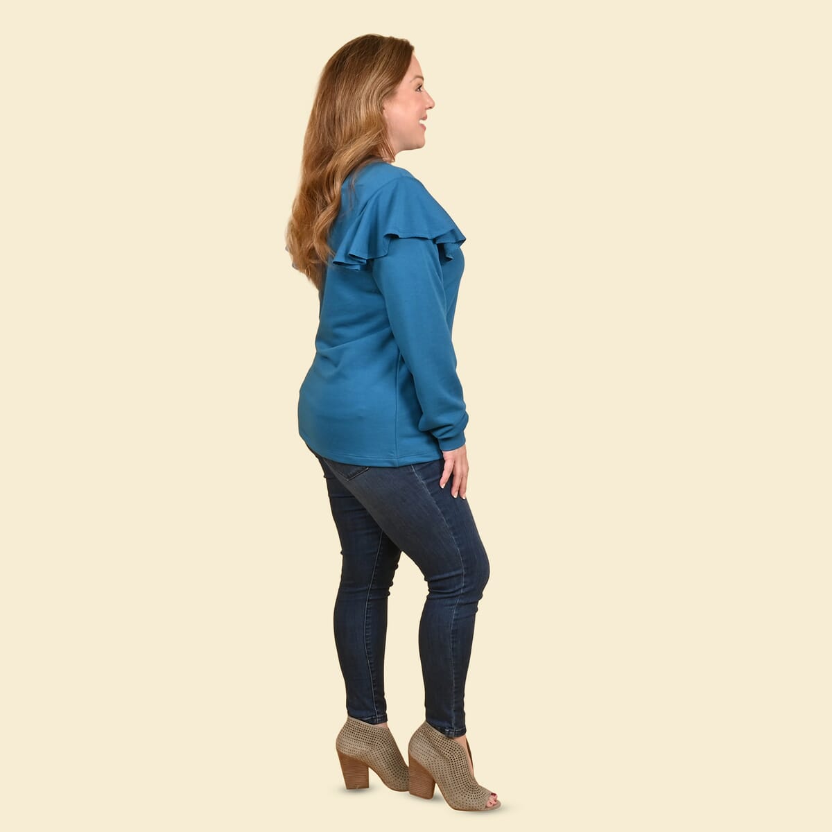 Tamsy Teal French Terry Ruffle Sleeve Sweater - Size - XL image number 2
