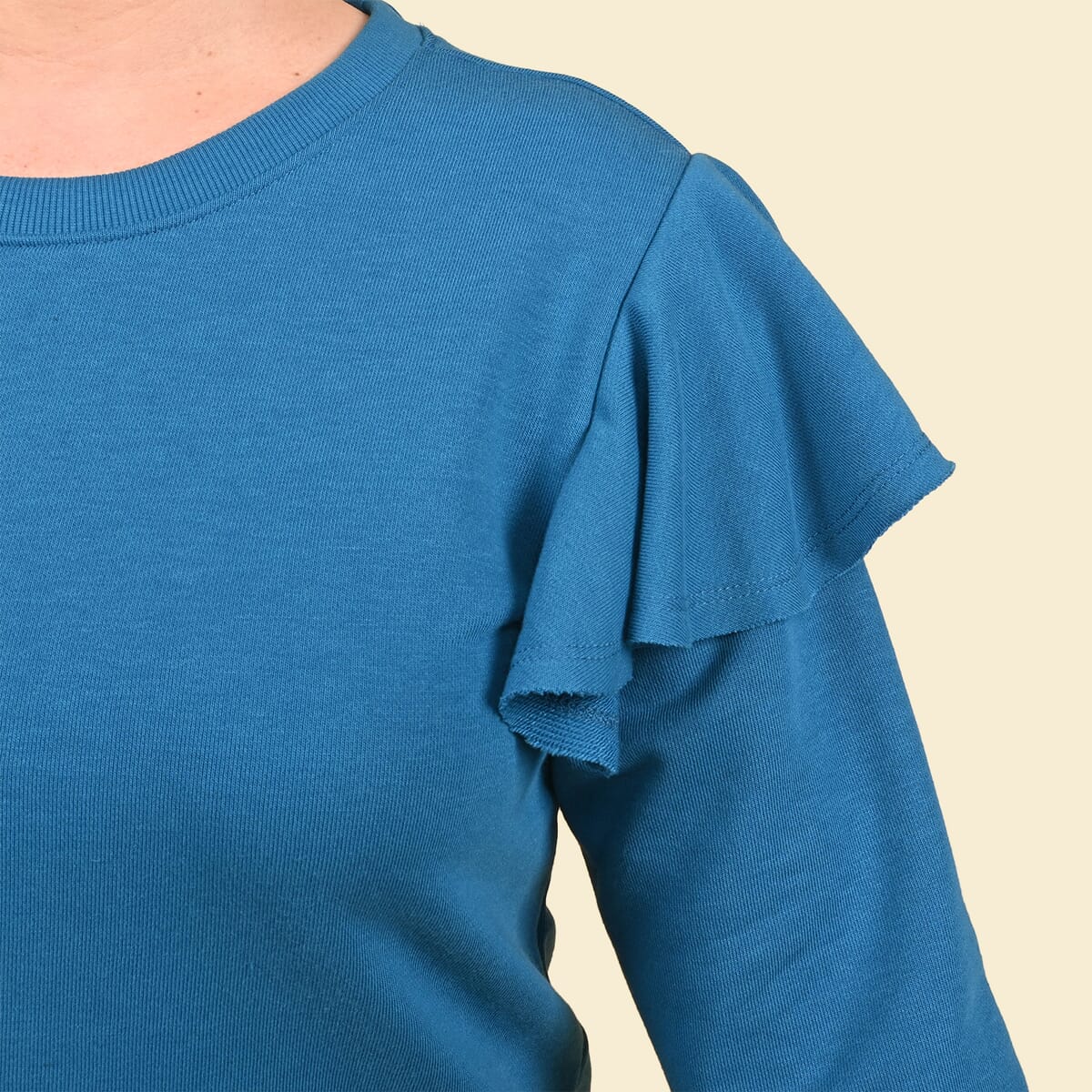 Tamsy Teal French Terry Ruffle Sleeve Sweater - Size - XL image number 3
