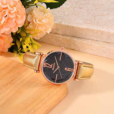 Strada Japanese Movement Starry Sky Pattern Watch in Rosetone with Golden Faux Leather Strap (35.81mm) (5.5-7.00 Inches)