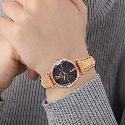 Strada Japanese Movement Starry Sky Pattern Watch in Rosetone with Golden Faux Leather Strap (35.81mm) (5.5-7.00 Inches)
