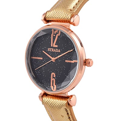 Strada Japanese Movement Starry Sky Pattern Watch in Rosetone with Golden Faux Leather Strap (35.81mm) (5.5-7.00 Inches)