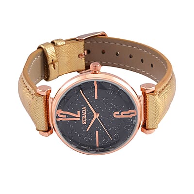 Strada Japanese Movement Starry Sky Pattern Watch in Rosetone with Golden Faux Leather Strap (35.81mm) (5.5-7.00 Inches)