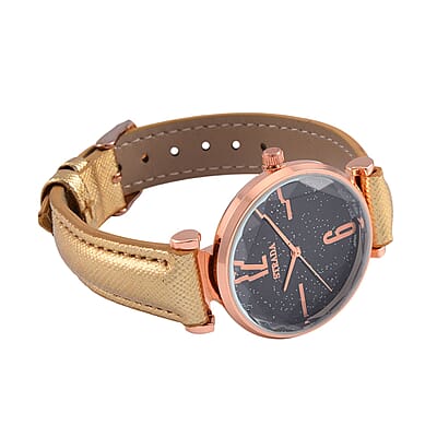 Strada Japanese Movement Starry Sky Pattern Watch in Rosetone with Golden Faux Leather Strap (35.81mm) (5.5-7.00 Inches)