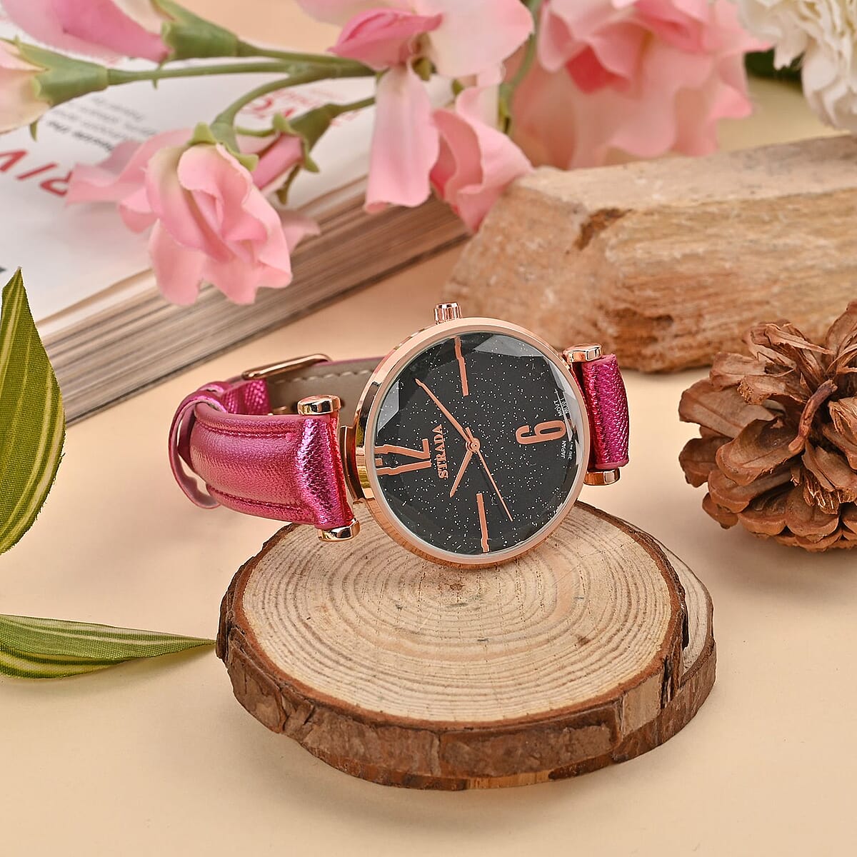 Strada Japanese Movement Starry Sky Pattern Watch in Rosetone with Plum Purple Faux Leather Strap (35.81mm) (5.5-7.00 Inches) image number 1