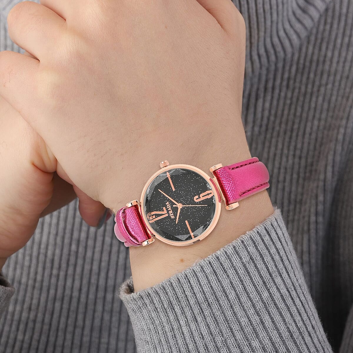 Strada Japanese Movement Starry Sky Pattern Watch in Rosetone with Plum Purple Faux Leather Strap (35.81mm) (5.5-7.00 Inches) image number 2