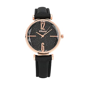 Strada Japanese Movement Starry Sky Pattern Watch in Rosetone with Black Faux Leather Strap (35.81mm) (5.5-7.00 Inches)