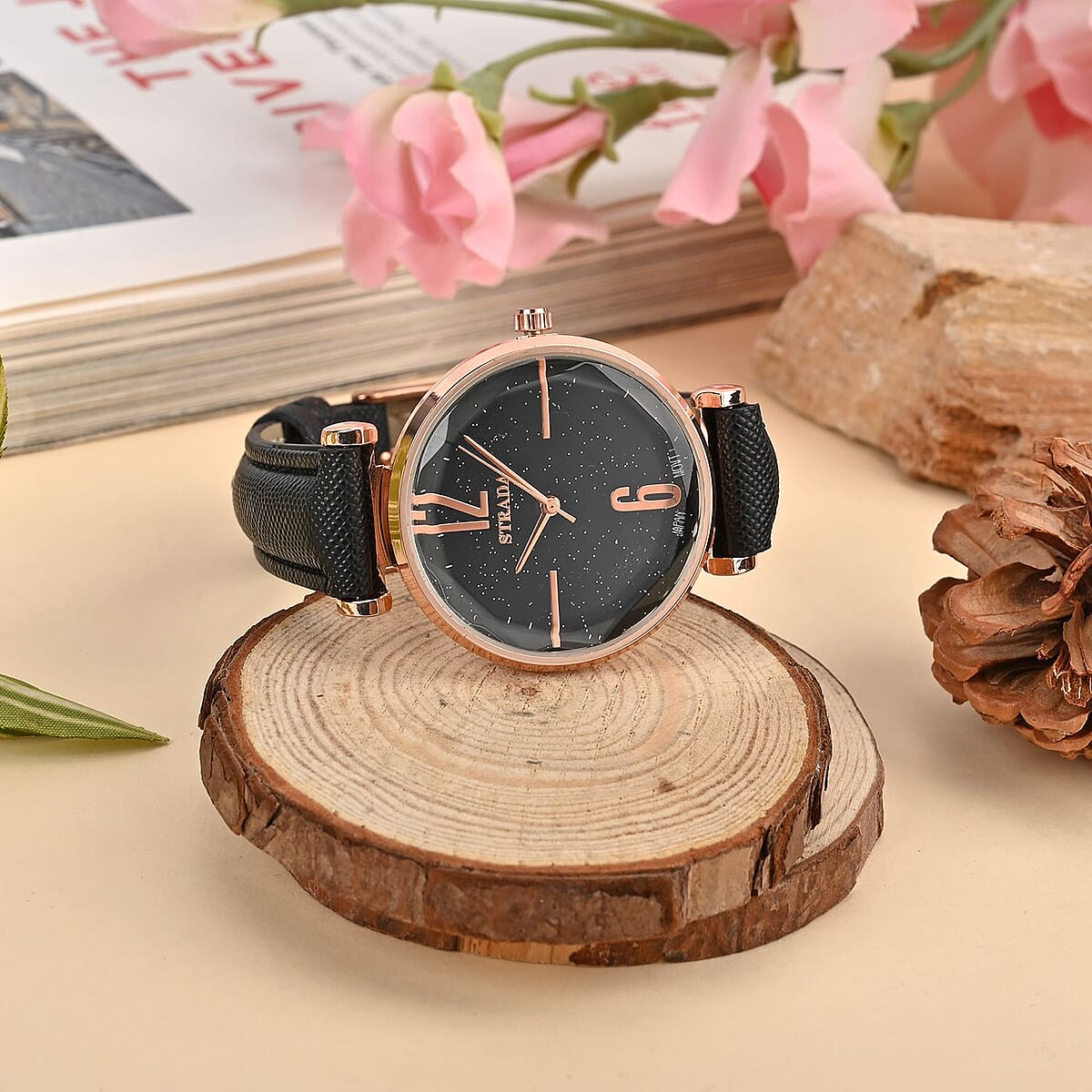 Strada Japanese Movement Starry Sky Pattern Watch in Rosetone with Black Faux Leather Strap (35.81mm) (5.5-7.00 Inches) image number 1