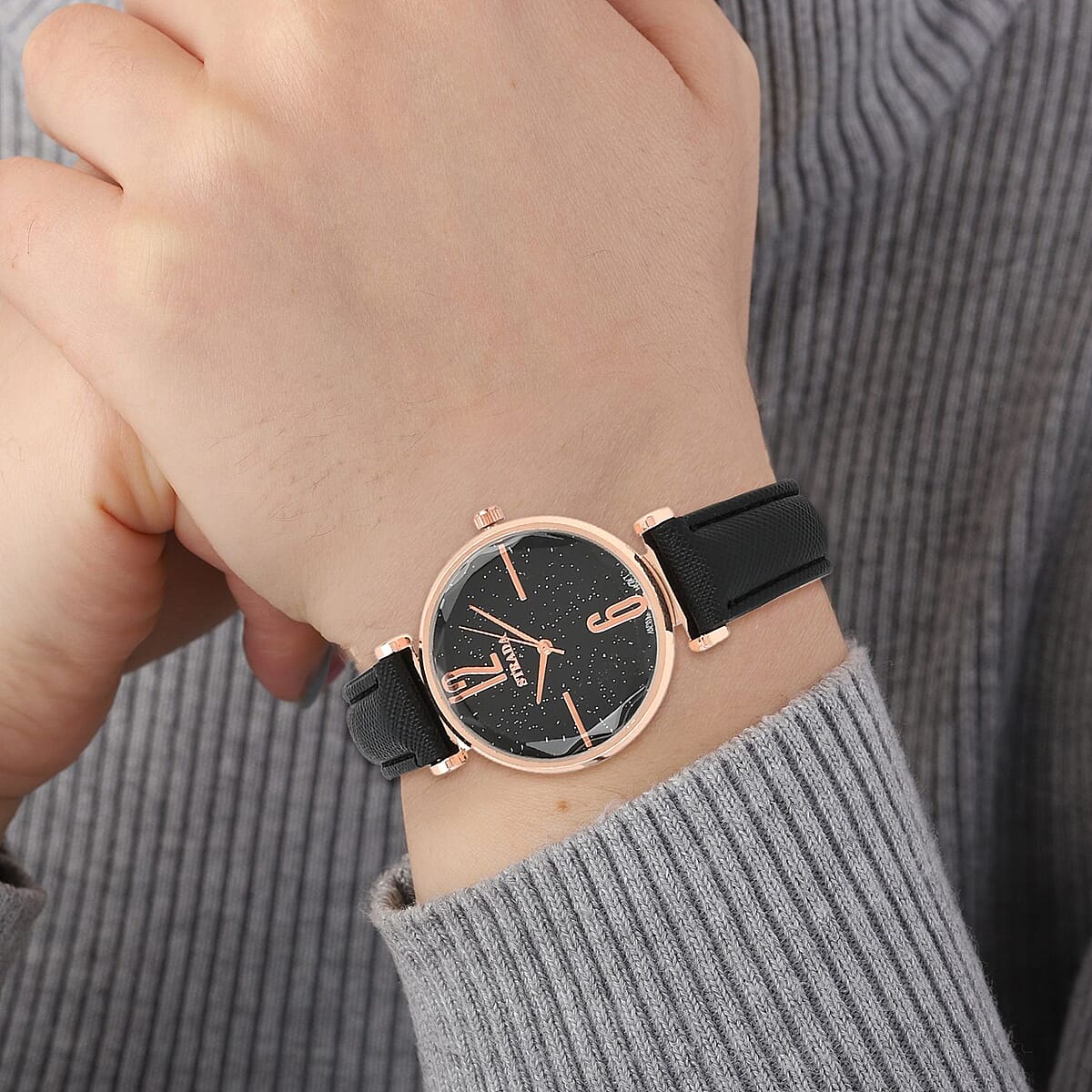 Strada Japanese Movement Starry Sky Pattern Watch in Rosetone with Black Faux Leather Strap (35.81mm) (5.5-7.00 Inches) image number 2