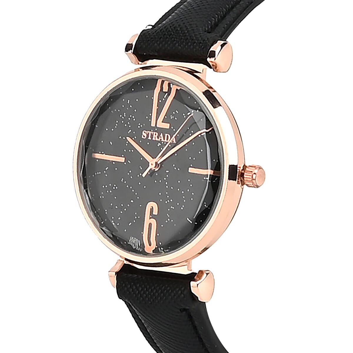 Strada Japanese Movement Starry Sky Pattern Watch in Rosetone with Black Faux Leather Strap (35.81mm) (5.5-7.00 Inches) image number 3